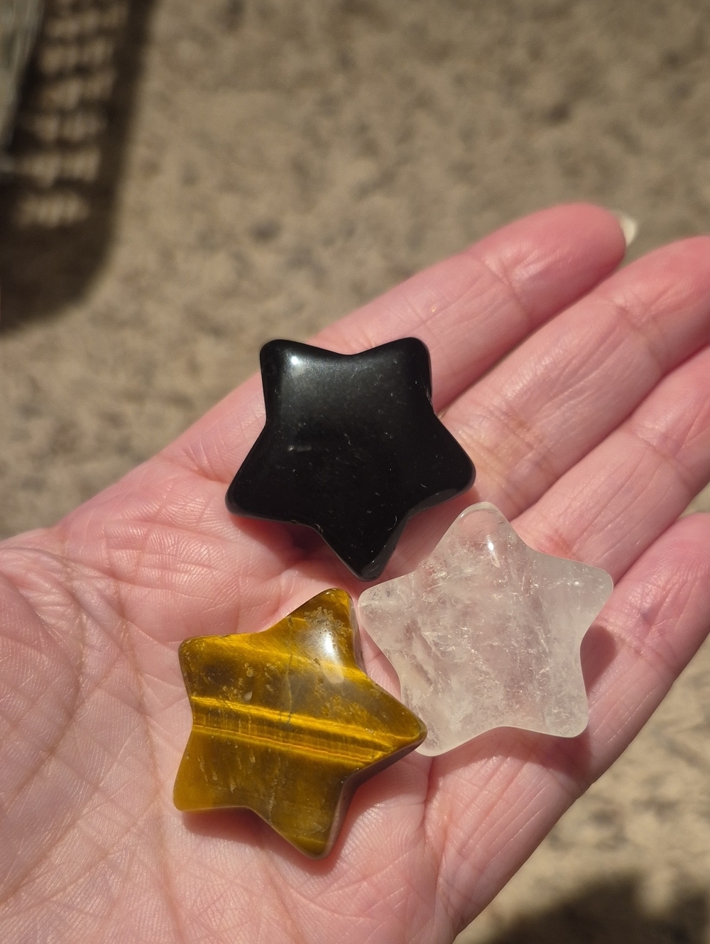 Star-Shaped Polished Gemstone Trio - Obsidian, Tiger Eye, Clear Quartz